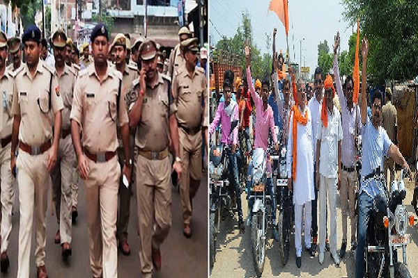 बांदा में बूचड़खानों के बाहर हिंदूवादी संगठनों का प्रदर्शन, दुकानदारों ने किया चौकी का घेराव, पुलिस का फ्लैग मार्च