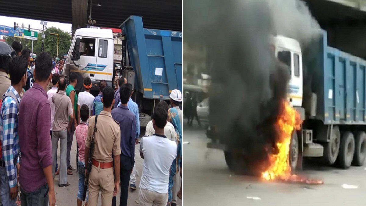 कानपुर में ट्रक ने बाइक सवार को रौंदा, फिर धू-धूकर जले दोनों वाहन