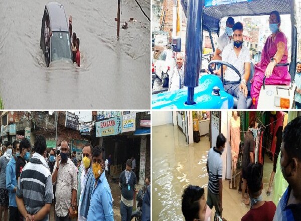 कानपुर : बारिश में डूबा-डूबा शहर, सड़कों पर व्यापारी-ट्रैक्टर पर महापौर