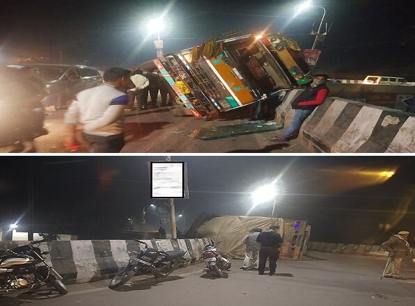बांदा शहर में पुल पर पलटा ट्रक, हादसा टला, लेकिन RTO-पुलिस की पोल खुली