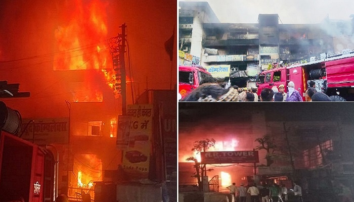 कानपुर : हमराज कांप्लेक्स के टाॅवर में भीषण आग, बुझाने में जुटीं अग्निशमन गाड़ियां