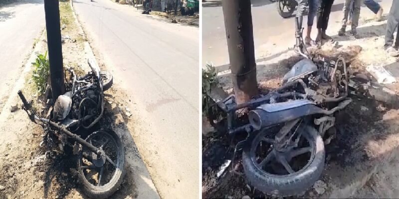 Kanpur : Speeding bike collides with electricity pole in Kanpur, youth dies-bike burnt