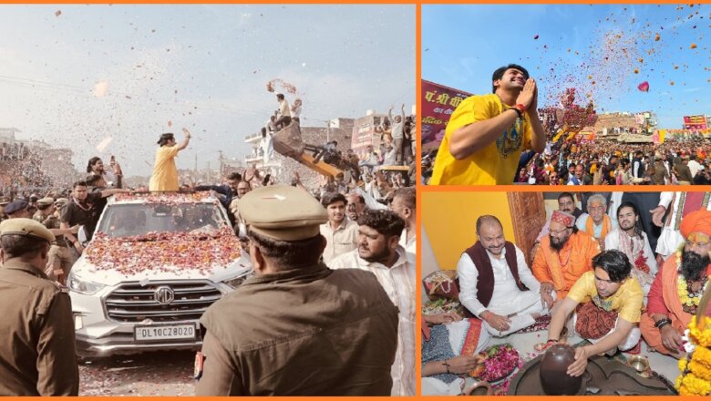 Banda: खुरहंड में पीठाधीश्वर धीरेंद्र शास्त्री का बुल्डोजर वेलकम-फूलों की बारिश में सनातन के जयकारे