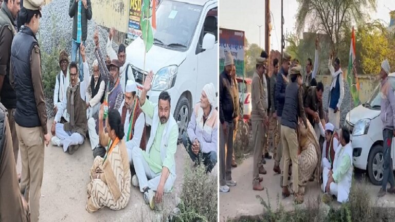 in Banda Congress workers protest District President Rajesh Dixit home arrested