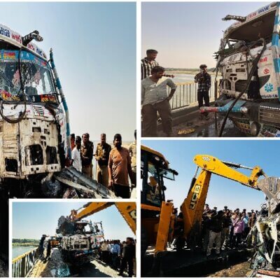 बांदा में यमुना नदी पुल पर हादसा, डंपरों की भीषण टक्कर-दोनों चालक..