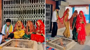 एक ही युवक के साथ फेरे लेतीं तीन बहनें।