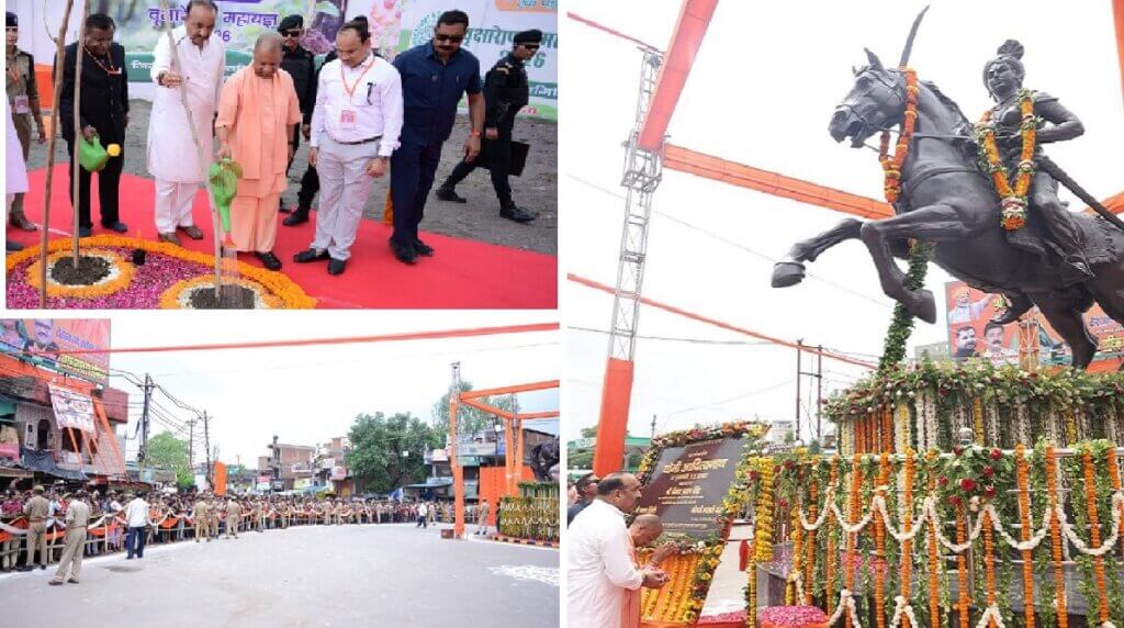 सीएम योगी और अवंती बाई की प्रतिमा।