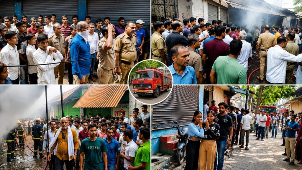 अग्निकांड के समय लगी भीड़ और पुलिस कर्मी। 