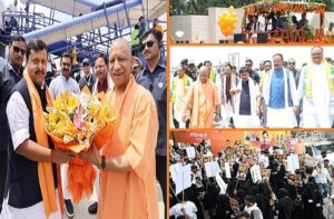 नीतिन नबीन का स्वागत करते मुख्यमंत्री योगी।