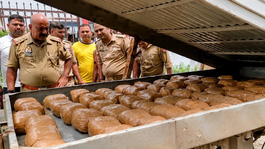 पिकअप चैंपर में छिपा गांजा निकालते पुलिस कर्मी