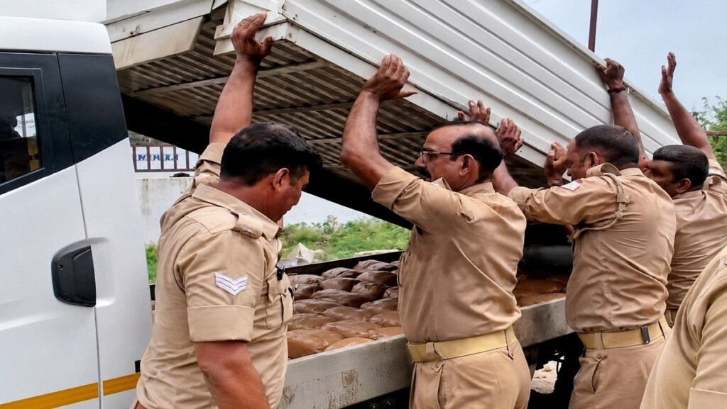 पिकअप चैंपर में छिपा गांजा निकालते पुलिस कर्मी