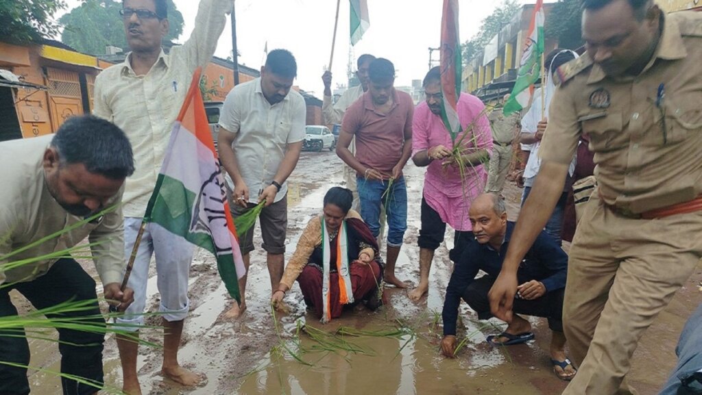बांदा में बदहाल सड़कों और जलभराव के विरोध में धान रोपते कांग्रेसी