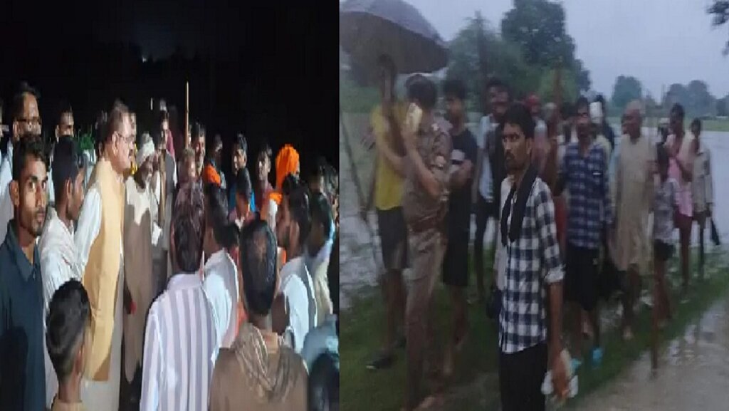 बांदा में नाले में डूबे तीन लोगों की तलाश करते ग्रामीण व पुलिसकर्मी