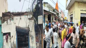 गजरौला में टूटे छज्जे वाली दुकान और लोगों की भीड़।
