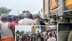 बांदा के तिंदवारी में हादसे के बाद मौके पर भीड़ और ट्रक जांचती पुलिस