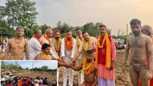 बांदा में पहलवानों के हाथ मिलवाकर दंगल शुरू कराते पूर्व MLA दलजीत सिंह