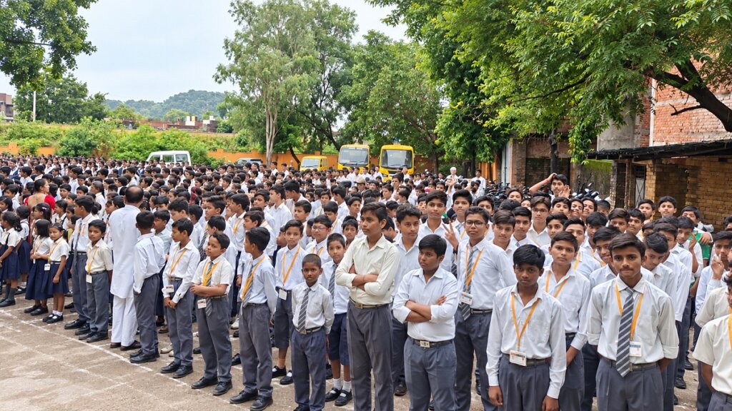 बांदा सरस्वती स्कूल में वंदे मातरम का सामूहिक गायन में उपस्थित छात्र।
