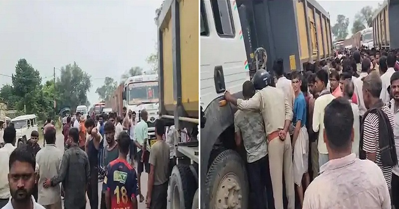 बांदा के तिंदवारी में हादसे के बाद मौके पर भीड़ और ट्रक जांचती पुलिस