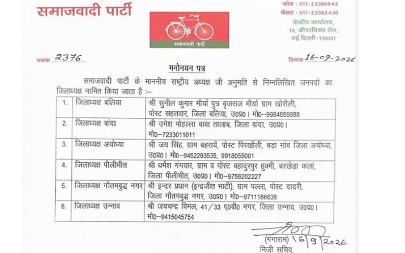 यूपी में सपा के 7 नए जिलाध्यक्षों की सूची 