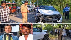 बांदा खुरहंड में हादसे के बाद क्षतिग्रस्त कार व पुलिस और मृतकों की फाइल फोटो