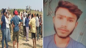 यमुना में डूबे ज्ञानू श्रीवास्तव की फाइल फोटो और ग्रामीणों की भीड़ व पुलिस