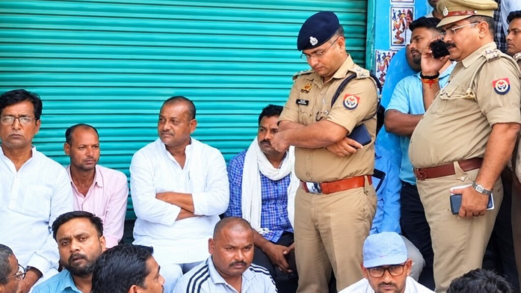बांदा शहर कोतवाली के बाहर धरना देते राज्यमंत्री रामकेश निषाद व भाजपा कार्यकर्ता