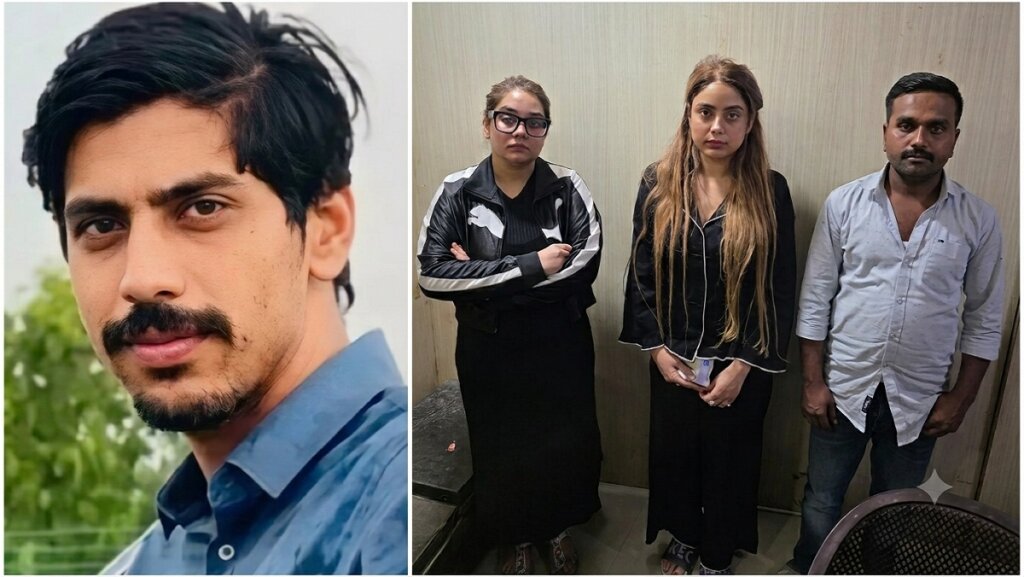 पुलिस हिरासत में माॅडल श्रद्धा दुबे, बहन व ड्राइवर (बाएं) और मृतक शिवा (दाएं)